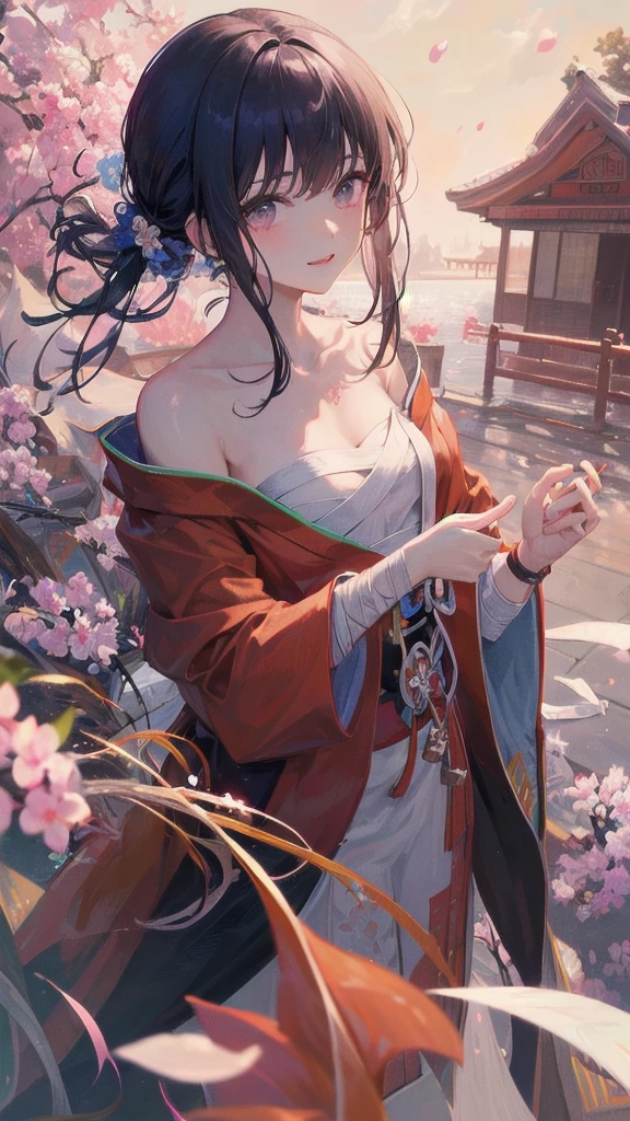 (((((roll up bandage sideways on a  chest tightly to cover the chest without gaps))))),  (((bandage samweways))),, ((Japanese Gangster BOSS)), adult woman with the dignified presence, Killing Qi, wear nothing around shoulder, wear nothing around neck, wear the kimono, wear it below the waist, (I wind it up to control it, and to attach it),  ((kimono come off)) ,wear the kimono multiple times, Bare shoulders and the clavicle, black and gold kimono, put on over jacket of kimono, (holding a japanese sword which shine in purple, The handle of the sword is black, and the blade is gray, long sword), eye fire, low angle, whole body, anime character, Glaring, off sholder, nappropriate smile, Excellent, black blue hair, can see both shoulder, ((long kimono hem)), small face, ((some cherry blossam big tattoo on the arm)), ((background Japanese gate with circlr mark)),muscular,drink sake,fullmoon in the sky, The kimono is spreading,(((ultra-detailed))),super beautiful,Masterpiece,Killing Qi,Intimidation,zoom up, a person,Selfish person,in japanese veranda