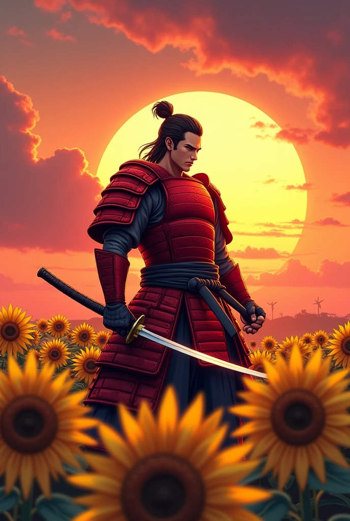 A male samurai in red samurai armor doing an attack stance with his katana drawn in a field of sunflowers at sunset anime style