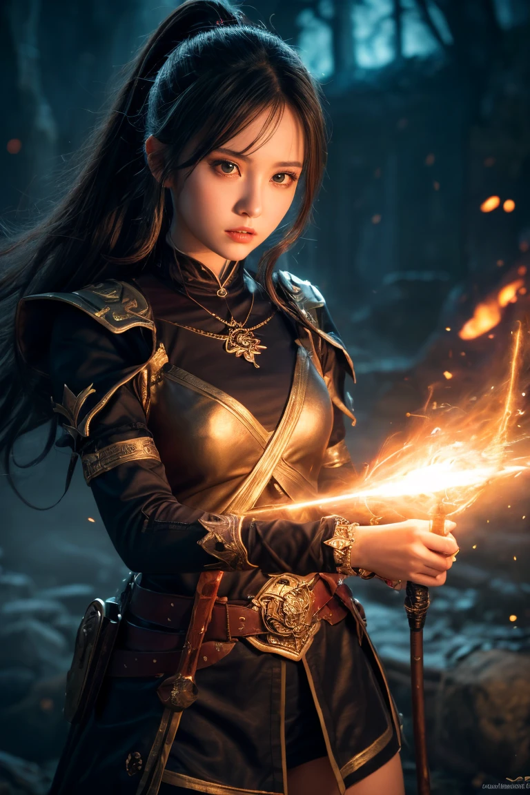 ((masterpiece)), ((best quality)), (ultra-detailed), ((extremely detailed)), ((kawaii)), cute, (lovely), 4K, (8K), best quality, (beautiful), photorealistic, fantasy world, (a cute girl), solo, mage, casting spells, magical battle, glowing staff, fierce determination, swirling energy, mystical aura, powerful magic, dramatic lighting,