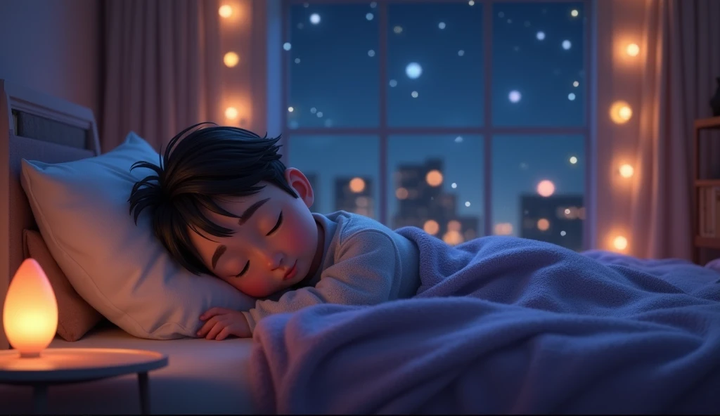 cute sleeping comfortably on a bed, covered by a blanket, stuffed animal, lights on the wall, window, welcoming and comforting atmosphere, night, wonder, pixiv, pixar