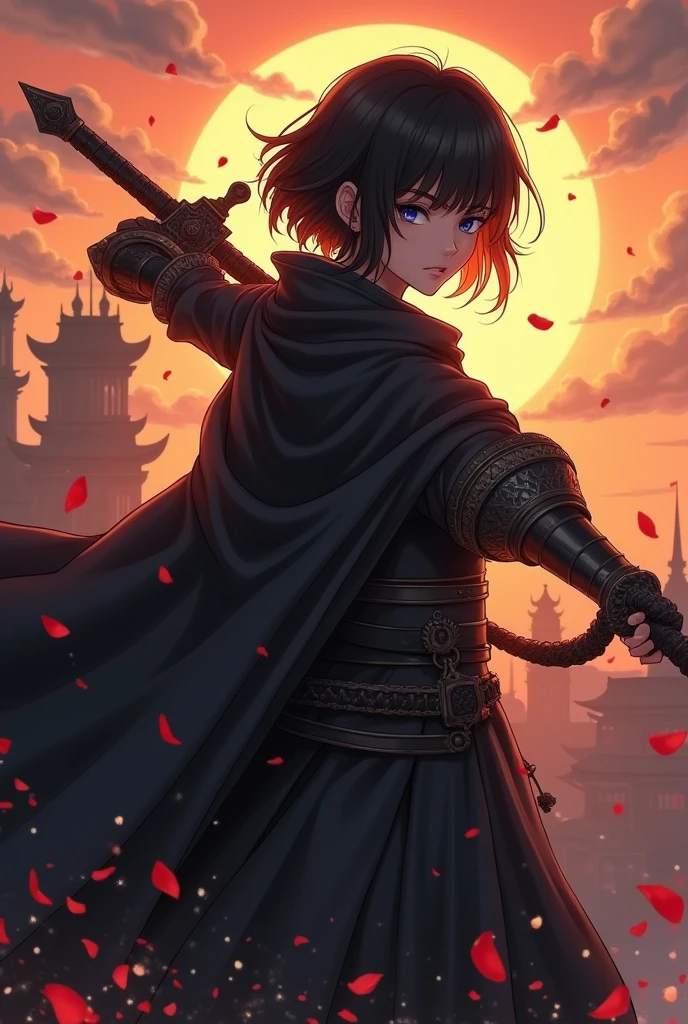1 warrior girl, expressive black eyes, black short hair, dressed with a black drape, using his massive two hand sword ,fighting pose ,black petals fall from the sky in big medieval city in sunset in background, detail richness, masterpiece, best quality, realistic rendering