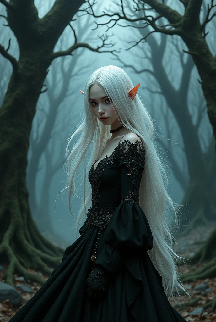 slender elf, with voluminous white hair, using white wooden mask, with medieval dress and leather corset, walking through a dark, foggy forest