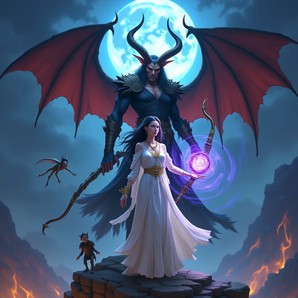 Create a detailed fantasy image in the style of Dungeons & Dragons. The main focus is a female High Elf Warlock with white skin, long straight dark hair, and glowing bright blue eyes. She is adorned in elegant white and gold robes, exuding an aura of power. In her right hand, she levitates a swirling purple energy sphere, while in her left, she holds a shining obsidian bow with intricate gold decorations, its cord glowing blue. The elf stands facing the viewer, her body slightly turned to her left.

Behind her looms a menacing demon, its back facing the viewer, but its head is turned to stare directly at them. The demon is humanoid, with pale skin, long dark torn robes, grand semi-folded wings, and long horns, all surrounded by a carmine aura.

Next to the elf, an imp flies on her left side, adding to the eerie atmosphere. The background is a midnight sky with a glowing blue full moon surrounded by wispy clouds. They all stand on a rocky platform, with a faint glow emanating from unseen flames below, casting an ominous light upwards.