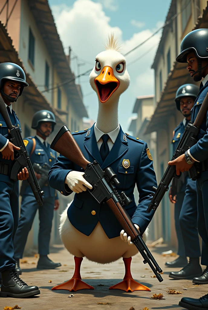 Draw a goose with an angry face, wearing a civil police uniform, holding a rifle 7.62 and three police officers holding rifles in a favela in Rio de Janeiro