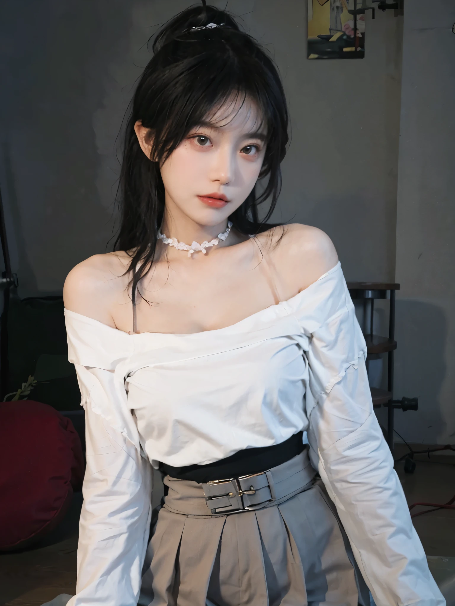 best qualtiy， Ultra-high resolution， （realisticlying：1.4）， 1girll， A pair of clear and moving peach blossom eyes,Royal sister，Off-shoulder white shirt， Black tight skirt， a black choker， （Faded gray-gray hair：1）， （：1.2）， looking at viewert， closeup cleavage ，