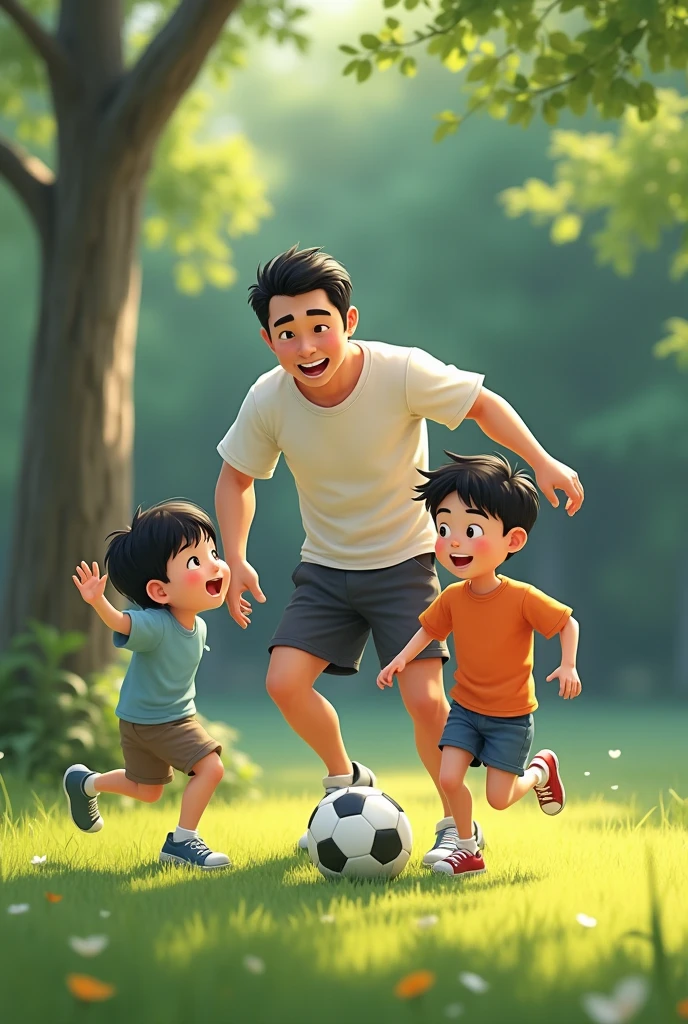 a japanese father playing soccer with his two realistic boy sons