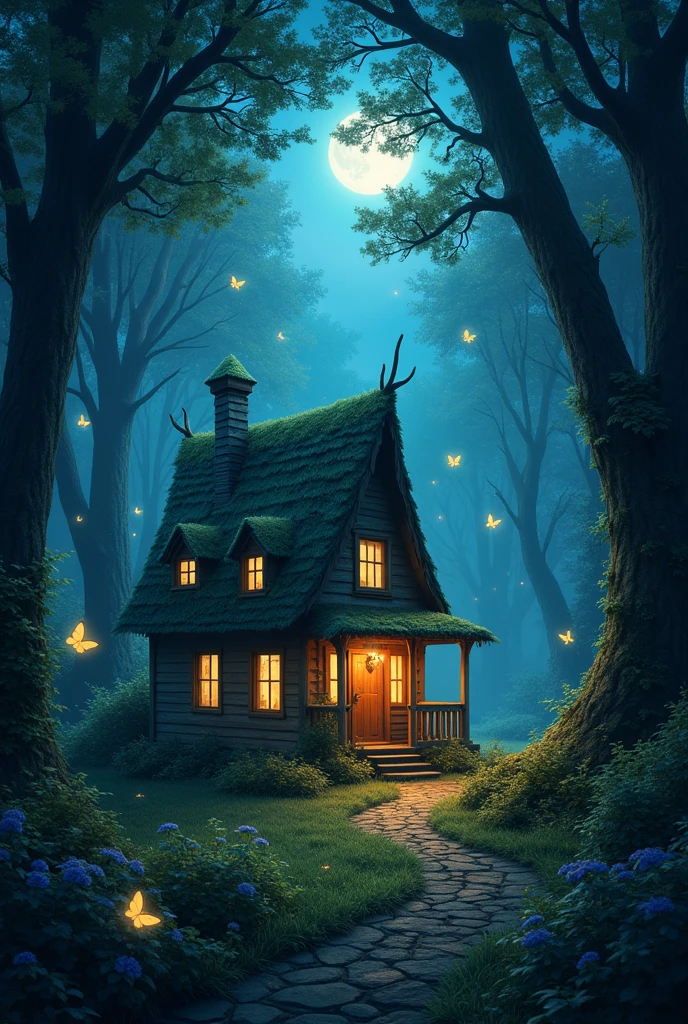 ((House in the middle of the forest full of butterflies)) at night