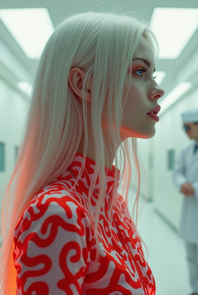 editorial photography,super detailed background,Super realistic,double exposure,depth of field,alien mascot,beauty super slender skinny female vibes,soft focus crimson tone,narrative scene,acrylic paint,wabi-sabi,multilayer structure,very long hair,psychedelic pattern military plug suit,In a pure white operating room,retro,wabi-sabi,dark,