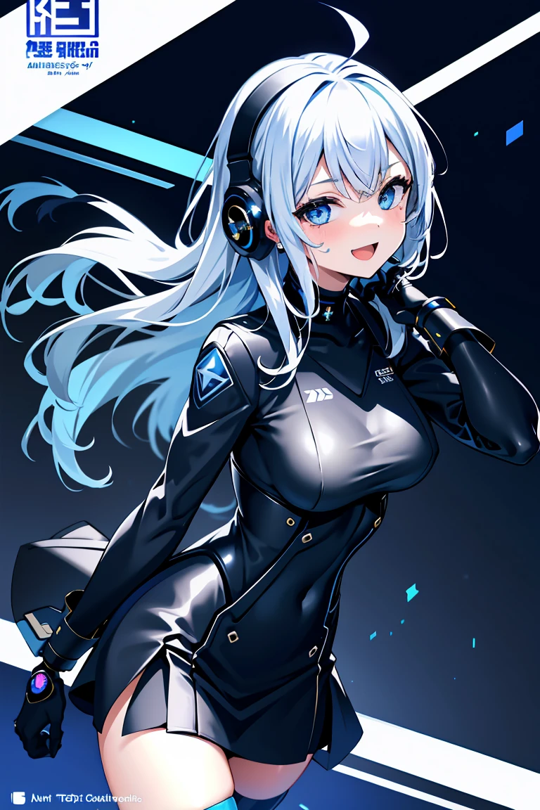 city scape, nsfw, (love face, very very happy:1.5), (mecha musume, cyborg girl), low teen, stylish angle, stylish pose, (headphone, mechanical torso, mechanical clothes), looking at viewer, cropped bangs, blue miniskirt, plastics corset, beautiful light effect, caution decare, gleaming skin, furisode, detached long sleevs, very wide sleeves, (corporate logotype:1.2), 
