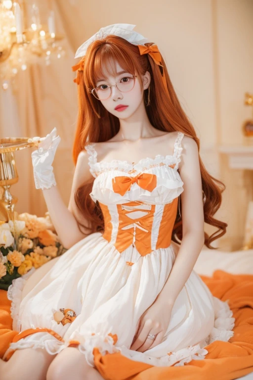 Highest quality、masterpiece、High sensitivity、High resolution、Detailed Description、Slender women、Glasses、Lolita、Orange Hair、