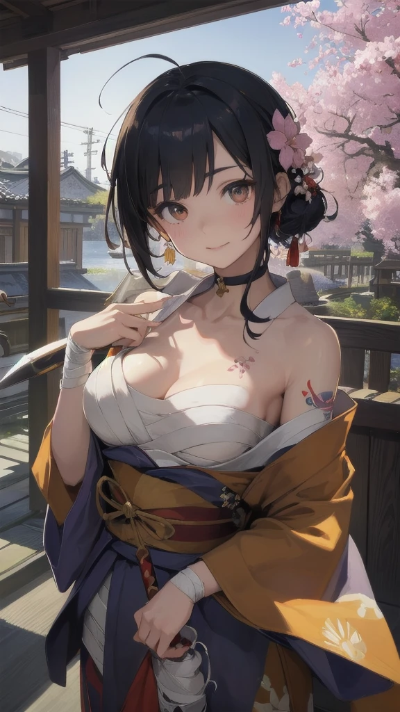 (((((roll up bandage sideways on a chest tightly to cover the chest without gaps))))), (((bandage samweways))),, ((Japanese Gangster BOSS)), adult woman with the dignified presence, Killing Qi, wear nothing around shoulder, wear nothing around neck, wear the kimono, wear it below the waist, (I wind it up to control it, and to attach it), ((kimono come off)) ,wear the kimono multiple times, Bare shoulders and the clavicle, black and gold kimono, put on over jacket of kimono, (holding a japanese sword which shine in purple, The handle of the sword is black, and the blade is gray, long sword), eye fire, low angle, whole body, anime character, Glaring, off sholder, nappropriate smile, Excellent, black blue hair, can see both shoulder, ((long kimono hem)), small face, ((some cherry blossam big tattoo on the arm)), ((background Japanese gate with circlr mark)),muscular,drink sake,fullmoon in the sky, The kimono is spreading,(((ultra-detailed))),super beautiful,Masterpiece,Killing Qi,Intimidation,zoom up, a person,Selfish person,in japanese veranda