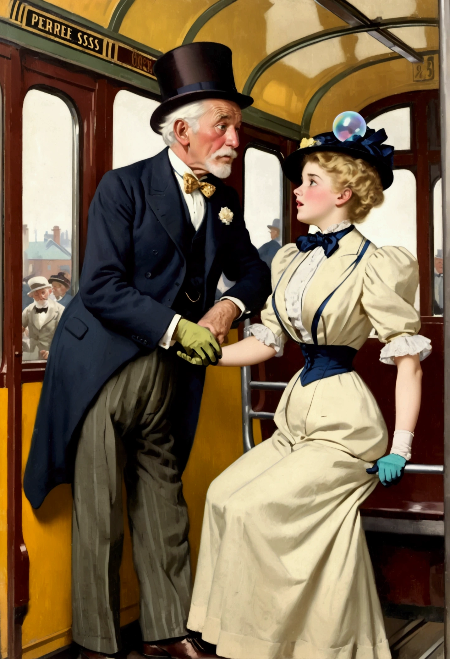 (((NSFW))), best quality, masterpiece, by Jessie Willcox Smith, bright colors, A yo blonde girl riding the streetcar is (((dry-humped by the aged, white-haired perverted 69yo man standing behind her, grabbing her breasts and pressing his crotch against her large bubble butt:1.3))). Girl wearing an Edwardian outfit (((1900_dr3ss))), picture hat, gloves, boots, 9-inchwasp waist. Man wearing a three-piece business suit, starched collar bowtie and bowler hat, man one head taller than girl. Full body.