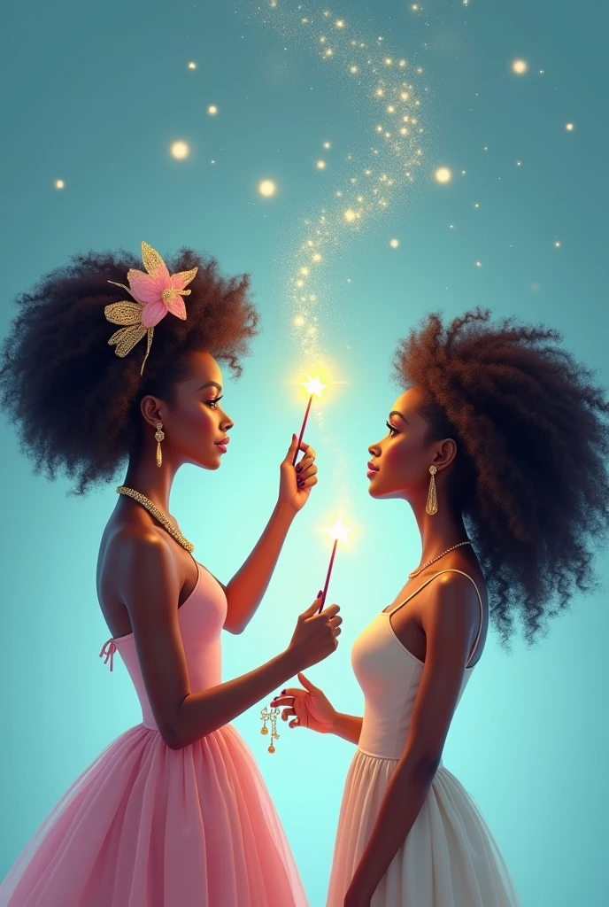 Generates an image where a woman, ada godmothera very clever woman with her magic wand that has a star at the tip and magic dust, He does the abracadabra, with a light blue gradient cut dress, she puts on a woman and turns her into a beautiful woman with her beautiful and dazzling curly afro hair, long and shiny, and hydrated, with a sign that says ("CRISHA AFRORIZO STYLE") in gold lettering and old rose