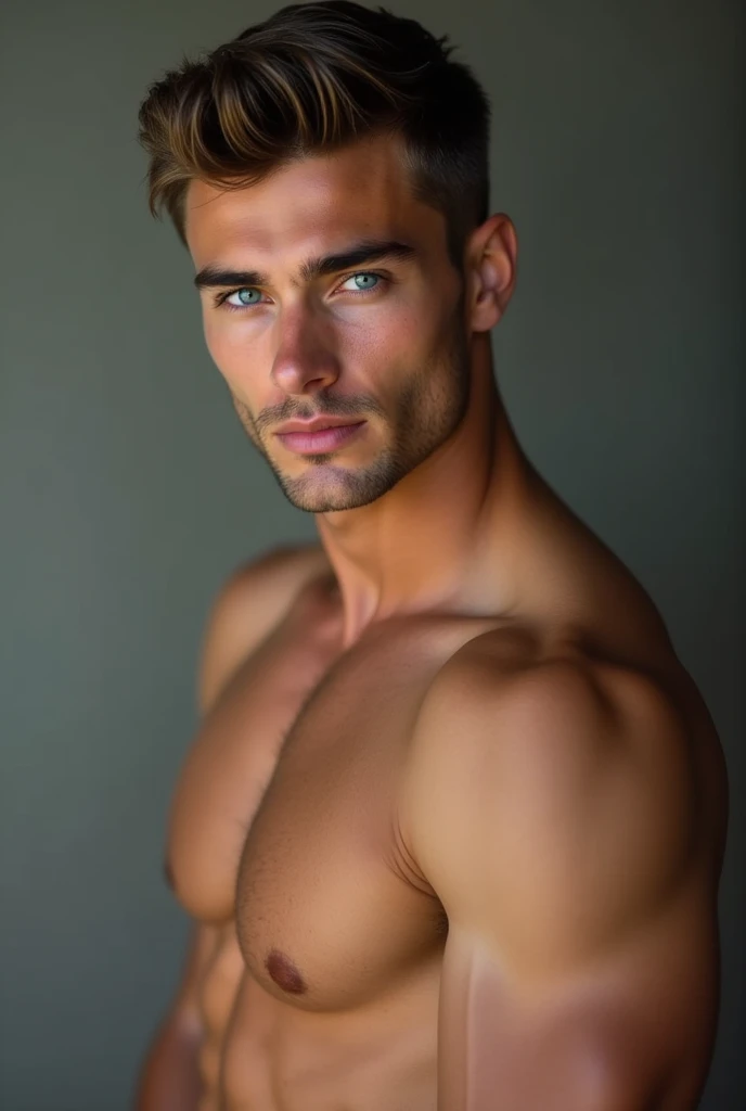 25 year old brown haired man, blue eyes, well formed jaw, belle masse musculaires