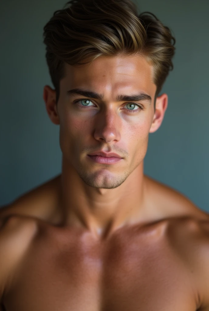 25 year old brown haired man, blue eyes, well formed jaw, belle masse musculaires 