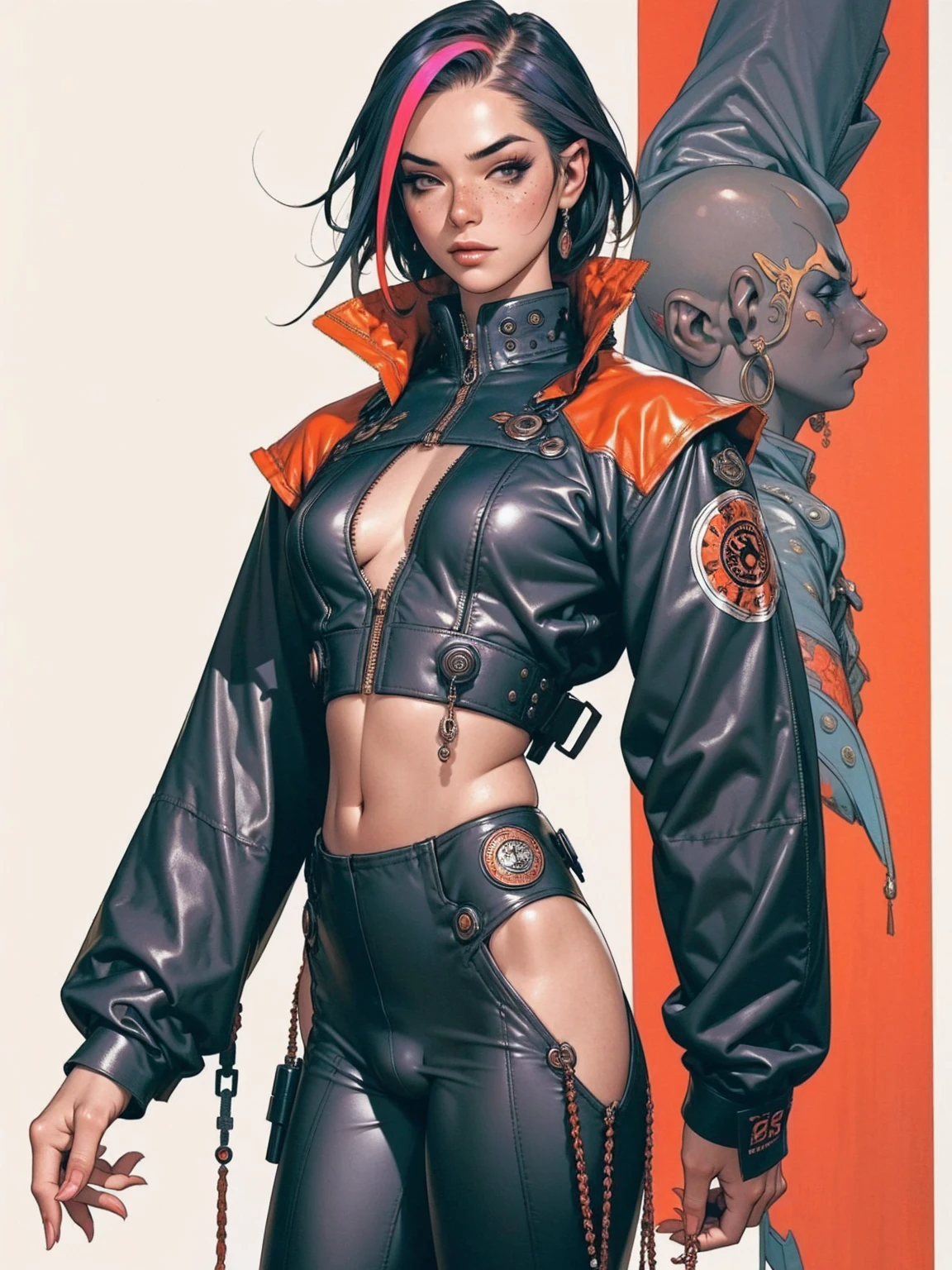 (((best qualityer))), (((manga strokes))), (((freckles))), (((colorful punk hair))), jacket with rivets and screws, uma Kizi jovem muito bem vestida com roupas modernas de inverno, (((pants with red and black zig-zag pattern))), top with vertical stripes, short jacket with dark fur collar, beautiful and expressive face, slightly-smile, big eyes with long black eyelashes, heavy make-up, chains and zippers spread across clothes, contrasting colours, pose de atitude, hair with a modern and futuristic cut, urban game poster art, dramatic camera angles, graffiti art elements in the background, design mixing contemporary and retro by Shepard Fairey, (((cowboy shot))), (((best qualityer: 1.4))), (Unbeatable masterpiece), (hiper HD),(CG 8k hyper-realistic), Kizi, (((standing alone))), pirralha violent, ((())), sexly, pose de atitude, work of art, post-apocalypse, (((manga style))), bounty hunter, violent, Manic, the way you want, slenderbody, thin but strong, perfectbody, roupa moderna, advanced technology, neon, sleeves with vertical striped pattern, neutral background, (( cowboy shot )). intricate visual