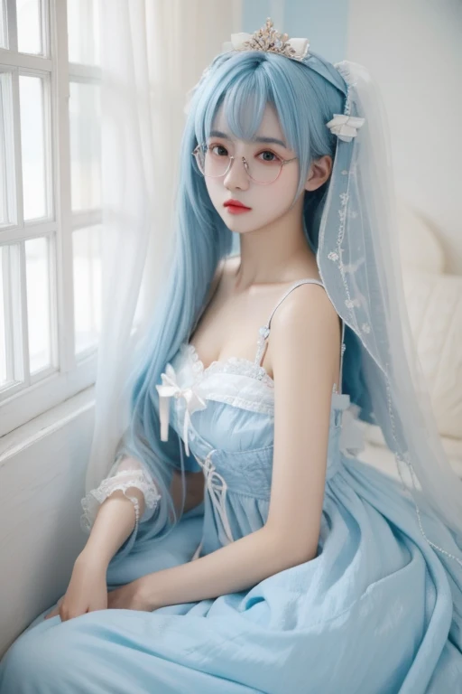 Highest quality、masterpiece、High sensitivity、High resolution、Detailed Description、Slender women、Glasses、ta、Light blue hair、