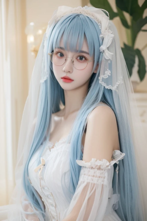 Highest quality、masterpiece、High sensitivity、High resolution、Detailed Description、Slender women、Glasses、****ta、Light blue hair、