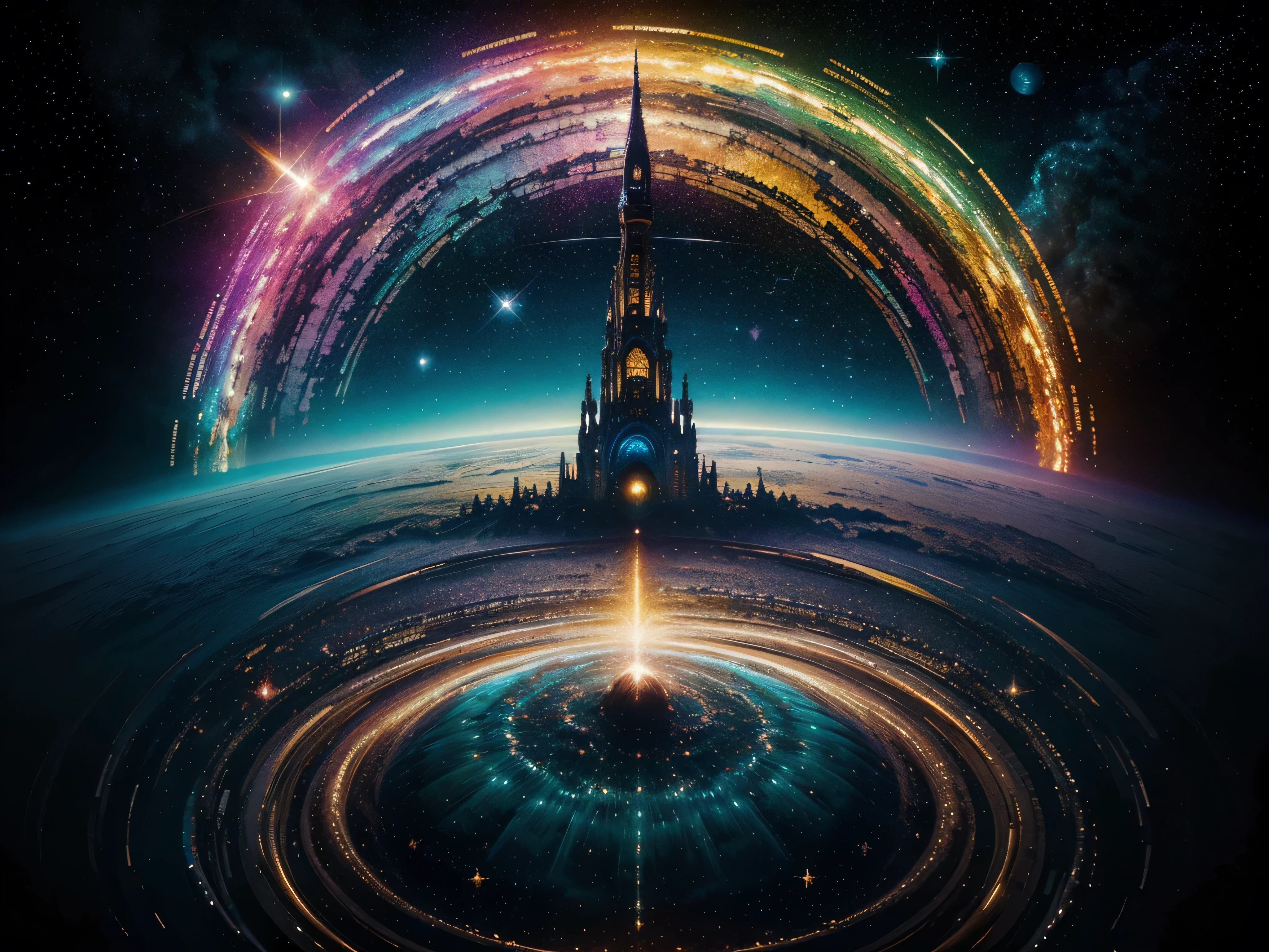 I see a shimmering, whimsical interstellar ark in an acrylic painting, where every corner sparkles with an otherworldly sheen. The main subject is a bold, multi-colored spaceship crafted from glass-like materials, adorned with intricate metallic accents. This image is a masterfully crafted painting, rich in vibrant hues and intricate details that pop off the canvas. The scene is set against a backdrop of swirling galaxies and twinkling stars, creating a mesmerizing and fantastical atmosphere. Overall, this piece is a feast for the eyes, showcasing the artist's skill and imagination in vivid, dazzling glory.