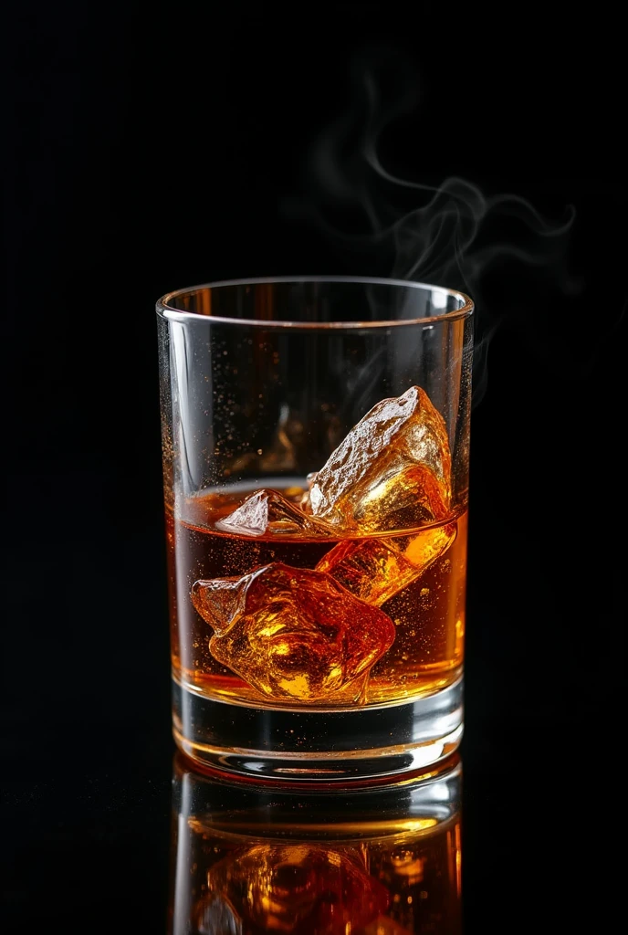 half of a Short glass with many details of wiskeyand a tabaco in the side with black background shadows and shine and sparkles in the back with a tabaco and romero