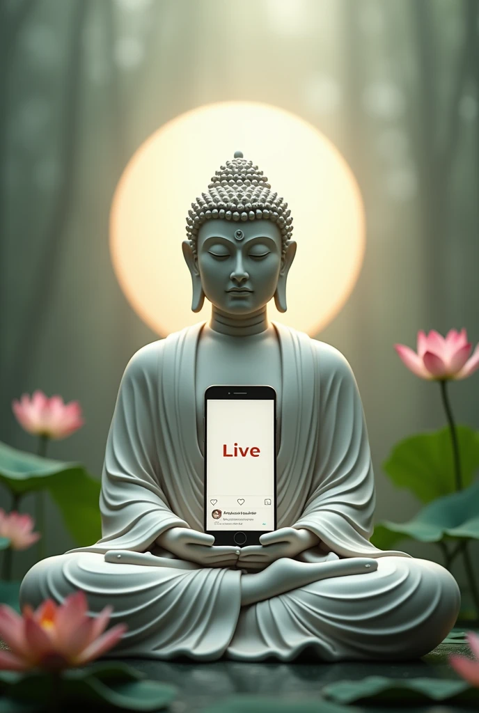 into the image, Buddha is sitting in lotus position, with a serene and tranquil expression. He stands in front of a background decorated with soft colors and natural elements., like lotus flowers and green leaves. In one hand, he holds a smartphone, which is displaying the Instagram interface with an icon "Live" assets. Ao redor dele, there is an aura of soft light, and on a screen in the background, you can see a counter of views and comments from followers, that reflect engagement with the live stream. The scene combines the traditional with the modern, creating a harmonious contrast between spirituality and technology.

