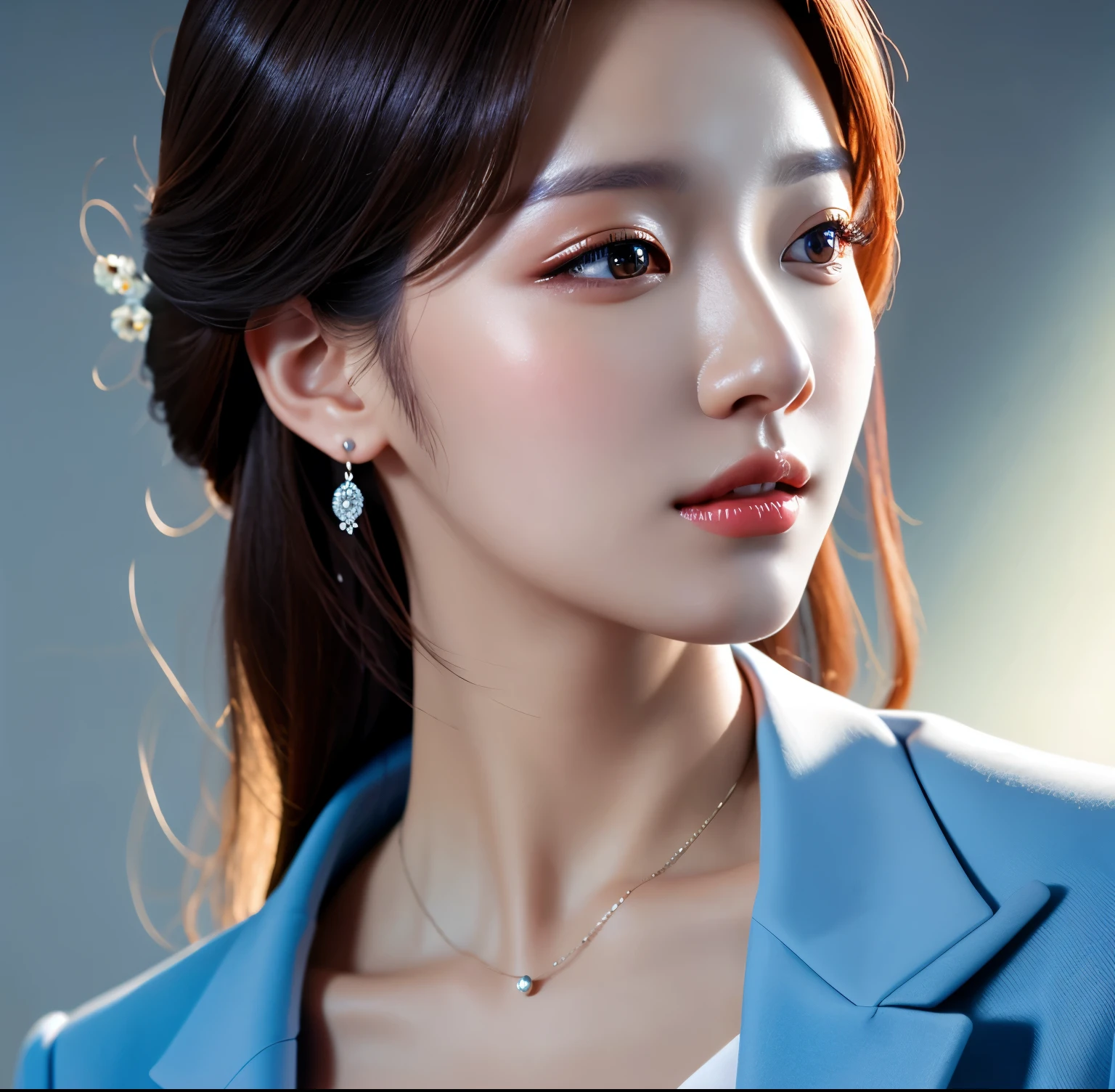 Close up portrait of woman in blue suit and white shirt, Elegant digital art, High-quality portraits, Shiny digital painting, Digital Art Images, Beautiful digital art, Elegant digital painting, Portraits of Korean female idols, Beautiful digital painting, Realistic cute girl drawing, high quality digital painting, TWICE&#39;s Tzuyu, Professional Profile Photo, Korean Girls