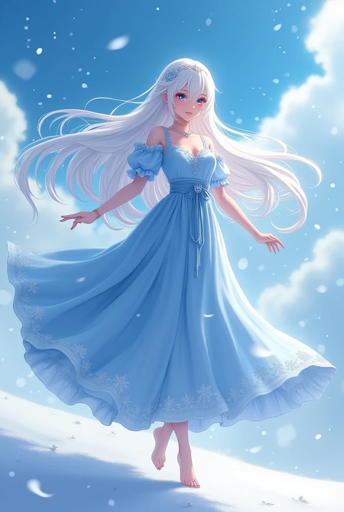 anime girl with long white hair and a blue dress in the snow, white haired deity, white hair floating in air, anime fantasy illustration, flowing white hair, beautiful young wind spirit, beautiful fantasy anime, glowing flowing hair, ethereal anime, beautiful anime artwork, beautiful digital artwork, anime fantasy artwork, ((a beautiful fantasy empress)), 2. 5 d cgi anime fantasy artwork