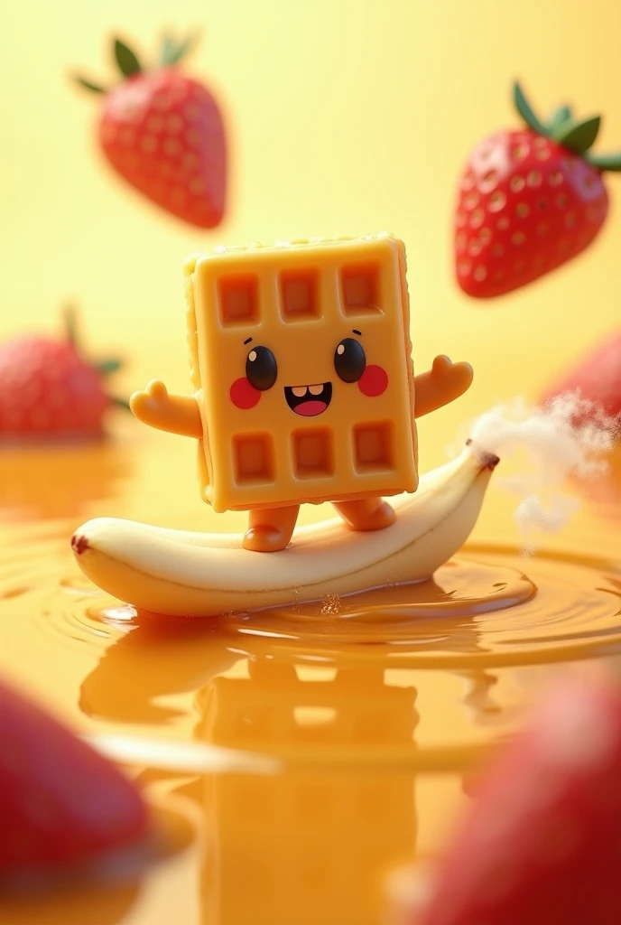 Animation of a waffle surfing on a slice of banana in maple syrup, surrounded by strawberry slices, bottomless

