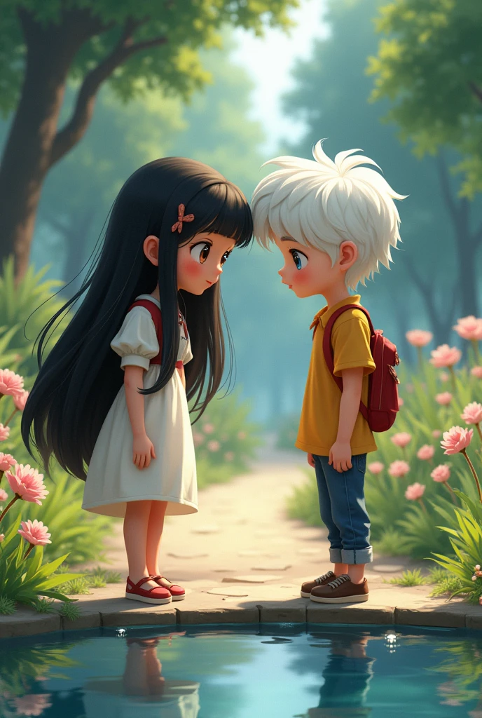 Create an image of a age girl with black hair and brown eyes, and a teenboy with white hair and blue eyes looking at himself in a park ,Disney style