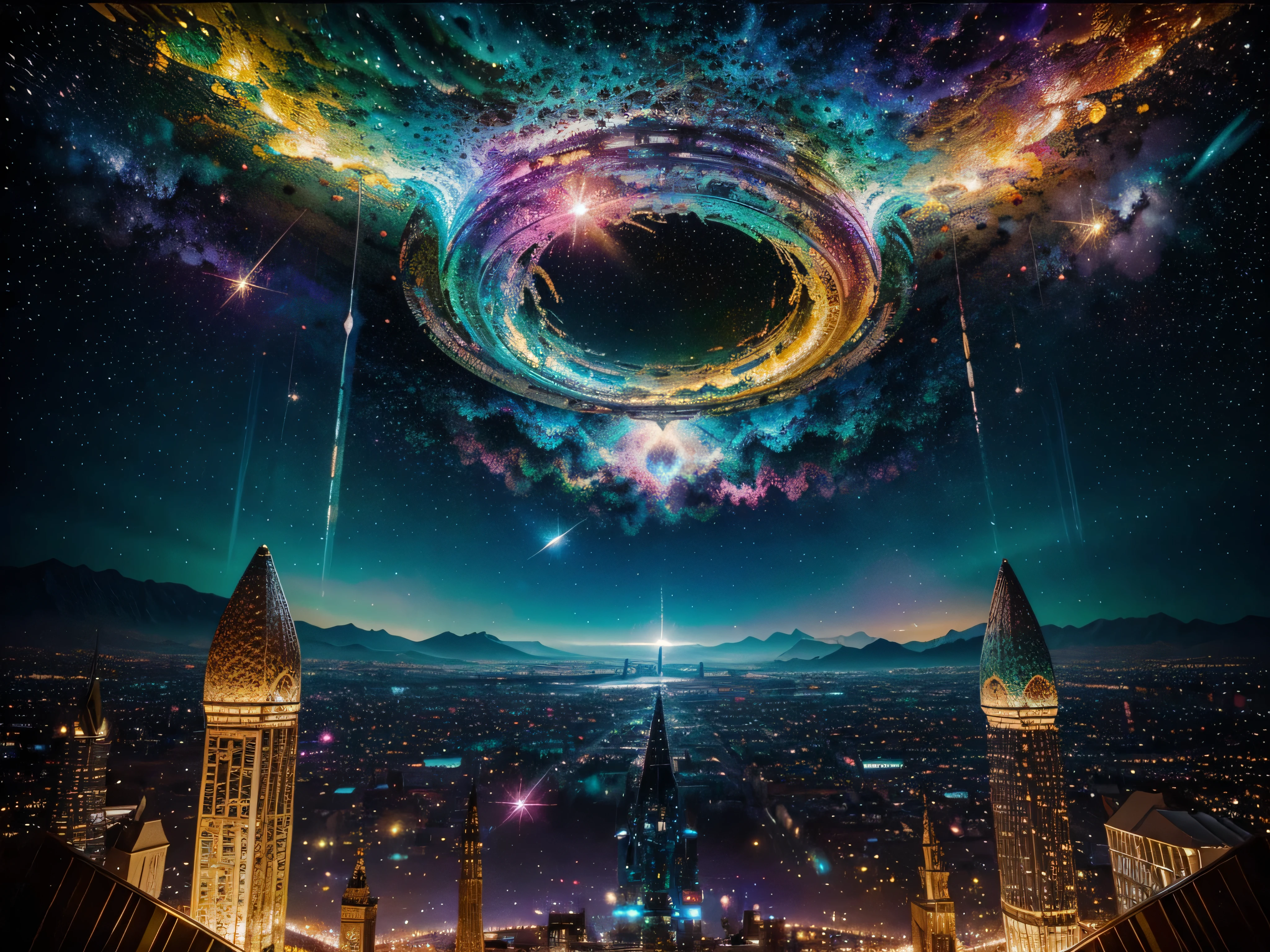 I see a shimmering, whimsical interstellar ark in an acrylic painting, where every corner sparkles with an otherworldly sheen. The main subject is a bold, multi-colored spaceship crafted from glass-like materials, adorned with intricate metallic accents. This image is a masterfully crafted painting, rich in vibrant hues and intricate details that pop off the canvas. The scene is set against a backdrop of swirling galaxies and twinkling stars, creating a mesmerizing and fantastical atmosphere. Overall, this piece is a feast for the eyes, showcasing the artist's skill and imagination in vivid, dazzling glory.
