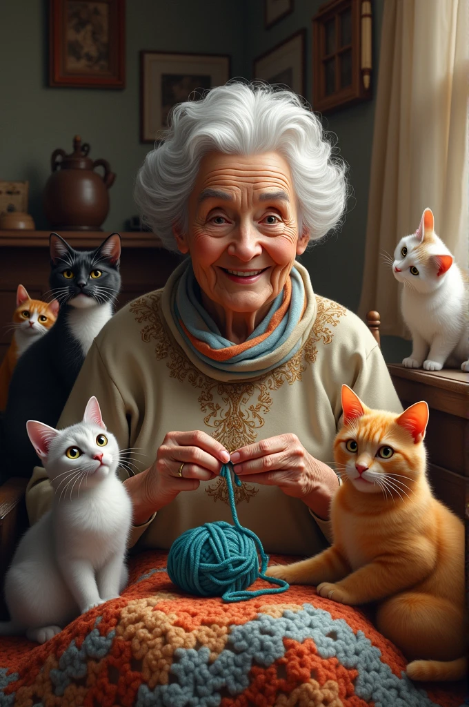 An elderly woman surrounded by cats and crocheting