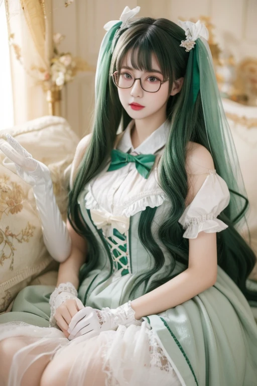 Highest quality、masterpiece、High sensitivity、High resolution、Detailed Description、Slender women、Glasses、ta、Green Hair、