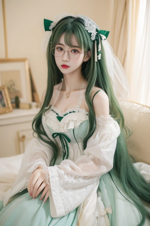 Highest quality、masterpiece、High sensitivity、High resolution、Detailed Description、Slender women、Glasses、ta、Green Hair、