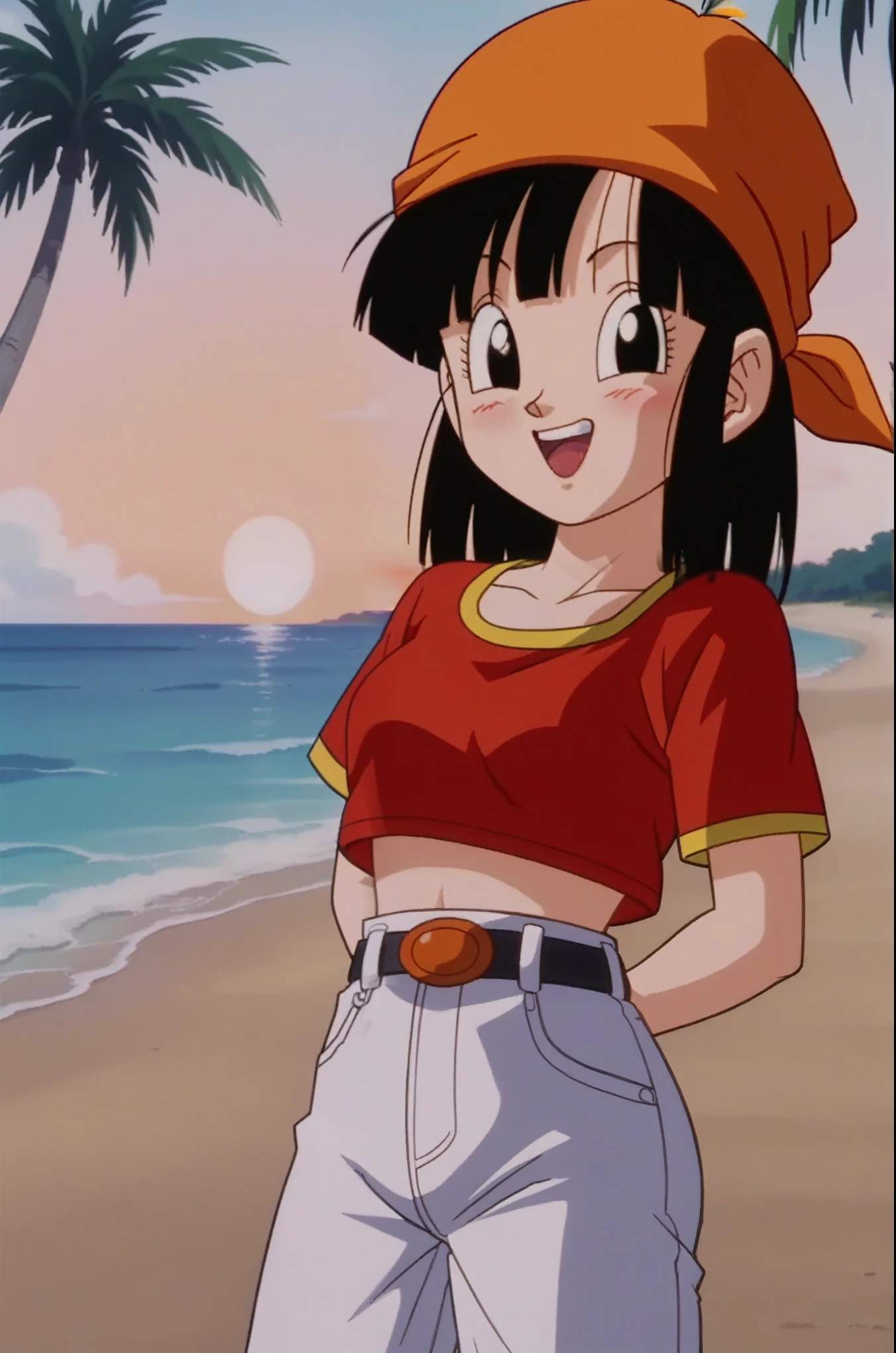 source_anime, score_9, score_8_up, score_7_up, anime screencap, 
pangt, 1girl, smile, bangs, happy, blushing, grass, black hair, sunset, Watching the sunset, beach in open sea sunset, sun, collarbone, whole body, teeth, blunt bangs, outdoors, black eyes, eyelashes, upper teeth only, red crop top, bandana, retro artstyle, , 1990s \(style\), orange headwear, medium ass, breasts