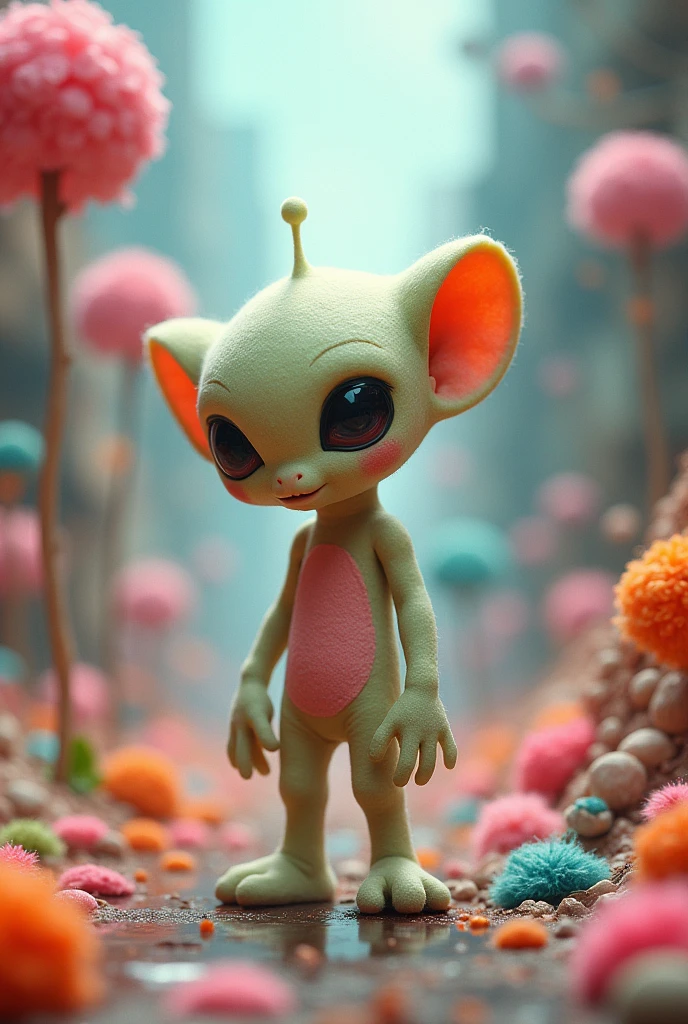 editorial photography,super detailed background,Super realistic,double exposure,depth of field,cute alien mascot vibes,soft focus flashy colors tone,narrative scene,acrylic paint,felt yarn,
