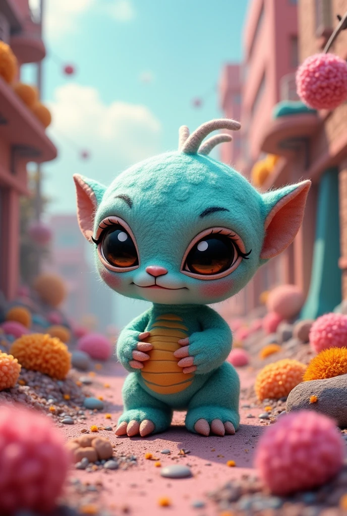editorial photography,super detailed background,Super realistic,double exposure,depth of field,cute alien mascot vibes,soft focus flashy colors tone,narrative scene,acrylic paint,felt yarn,