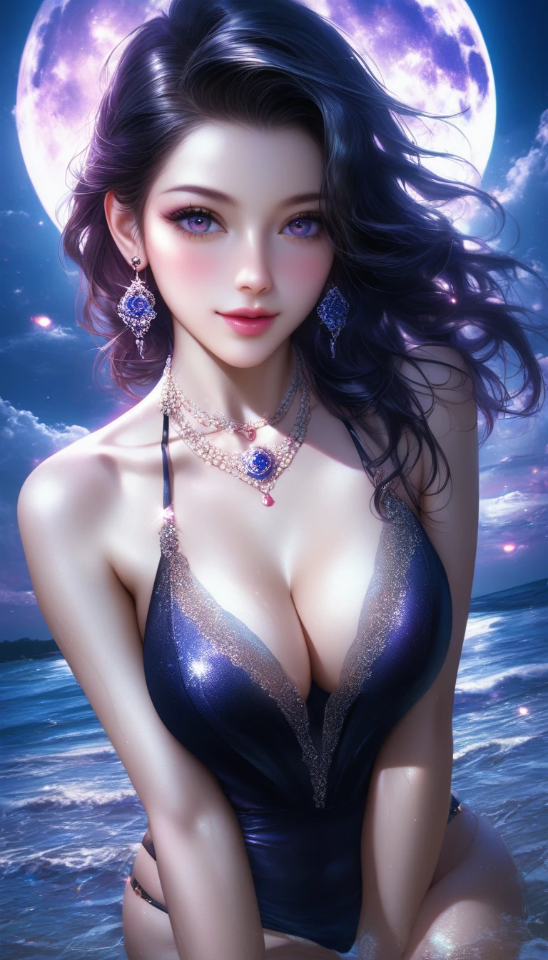 score_9, score_8_superior, score_7_superior, A masterpiece in 32K resolution,Highest quality,it is really amazing,Very detailed,Ultra-high resolution,Ultra-realistic,Realistic,Increased depth of field,Cinematic lighting,
Sexy Japanese Adult Women,
black straight medium hair,Ultra-detailed and beautiful face,Gentle expression,Translucent white skin,Realistic skin texture,
Elegant swimwear,
Bold design,Artistic design,Beautiful and detailed pattern,Detailed fabric texture,
Gorgeous necklace,Earrings,
Coastline at night,Giant Moon,Dark clouds floating in the dark night sky,
High angle,