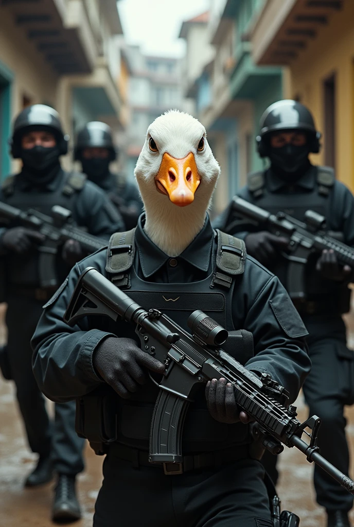 Draw a goose with an angry face, wearing a black uniform and bulletproof vest, holding a rifle 7.62 and three police officers wearing black clothing and bulletproof vests holding rifles in a favela in Rio de Janeiro 