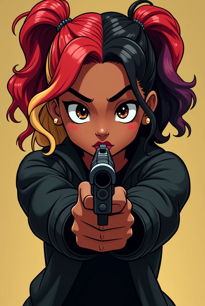 A ((cartoon black girl))) with ((red))), (((black))) and (((blond hair))), dressed in a ((street black outfit)) with a (((black gun))) in her hand, aiming i towards the camera with a psychic expression