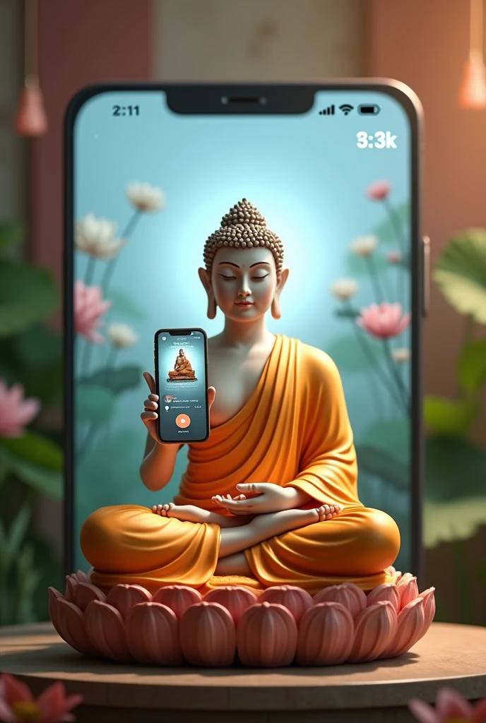into the image, Buddha is sitting in lotus position, with a serene and tranquil expression. He stands in front of a background decorated with soft colors and natural elements., like lotus flowers and green leaves. In one hand, he holds a smartphone, which is displaying the Instagram interface with an icon "Live" assets. Ao redor dele, there is an aura of soft light, and on a screen in the background, you can see a counter of views and comments from followers, that reflect engagement with the live stream. The scene combines the traditional with the modern, creating a harmonious contrast between spirituality and technology.