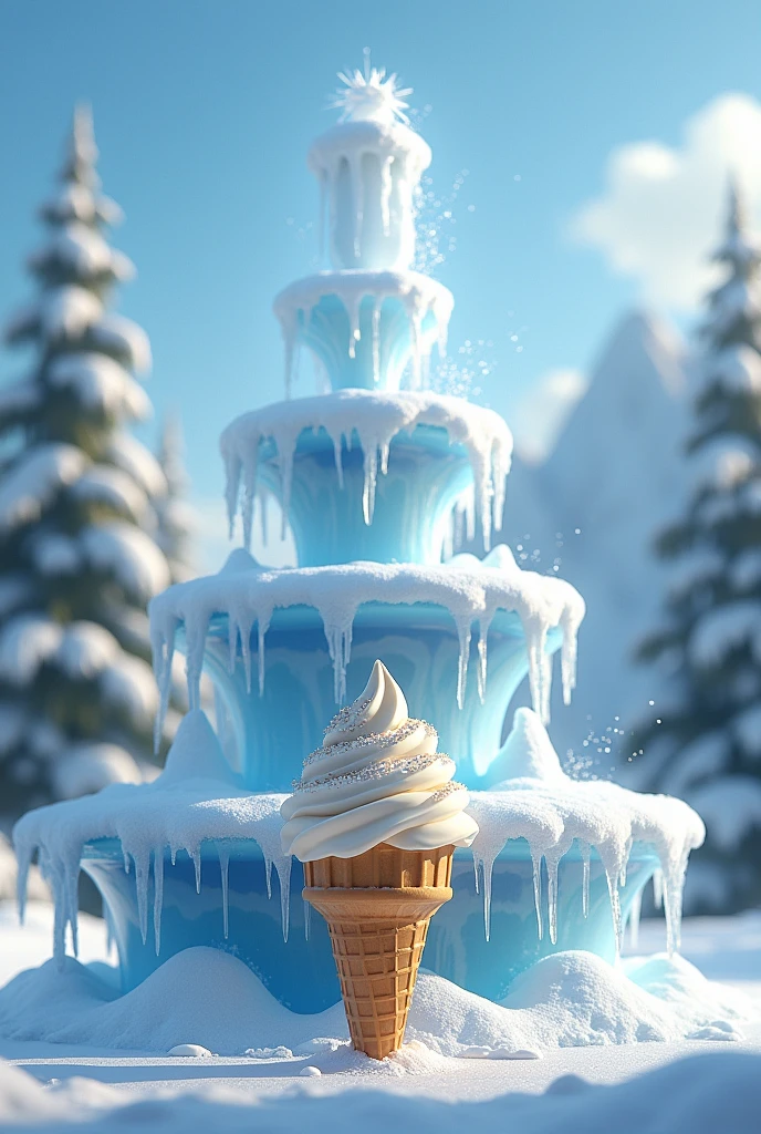 A fountain that throws snow with an ice cream in front