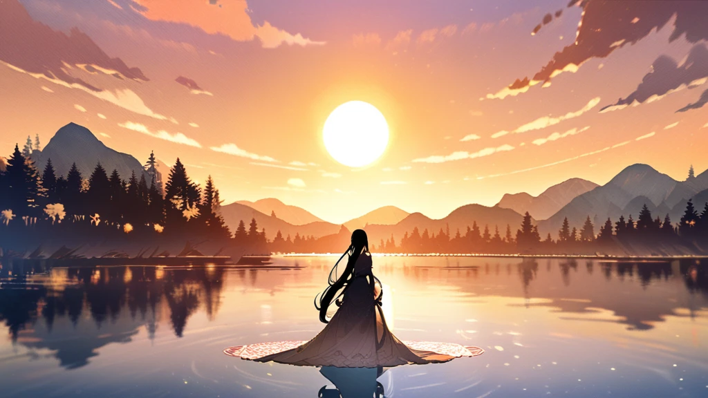 1 girl, serene expression, mesmerizing eyes, straight long hair, flowing dress, poised posture, porcelain skin, subtle blush, crystal pendant BREAK golden hour, (rim lighting):1.2, warm tones, sun flare, soft shadows, vibrant colors, painterly effect, dreamy atmosphere BREAK scenic lake, distant mountains, willow tree, calm water, reflection, sunlit clouds, peaceful ambiance, idyllic sunset, ultra detailed, official art, unity 8k wallpaper , zentangle, mandala