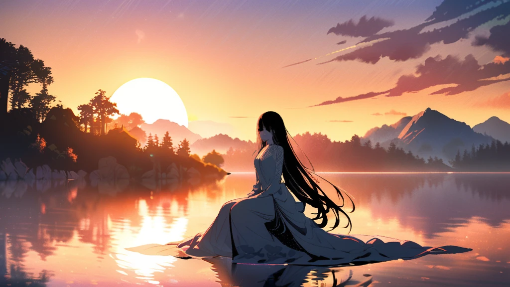 1 girl, serene expression, mesmerizing eyes, straight long hair, flowing dress, poised posture, porcelain skin, subtle blush, crystal pendant BREAK golden hour, (rim lighting):1.2, warm tones, sun flare, soft shadows, vibrant colors, painterly effect, dreamy atmosphere BREAK scenic lake, distant mountains, willow tree, calm water, reflection, sunlit clouds, peaceful ambiance, idyllic sunset, ultra detailed, official art, unity 8k wallpaper , zentangle, mandala