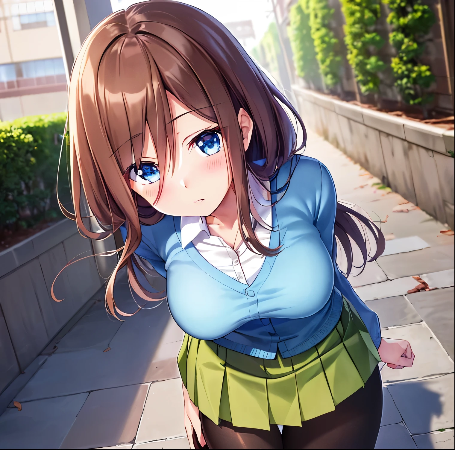 Masutepiece, Best Quality, (highly detailed CG Unity 8k wallpaper) (Best Quality), (Best Illustration), (Best Shadowiku Nakano, brown hair, blue eyes, classroom, beautiful detailed eyes, Looking at viewer, looking towards forward,((focus on breasts)), point of view: (from above)), ((blue cardigan)), ((very short green pleated miniskirt)), ((black pantyhose)), angst, pigeon toes , lifting my skirt by myself, blushing all over, showing my panties
