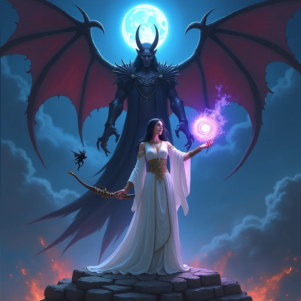 Create a detailed fantasy image in the style of Dungeons & Dragons. The main focus is a female High Elf Warlock with white skin, long straight dark hair, and glowing bright blue eyes. She is adorned in elegant white and gold robes, exuding an aura of power. In her right hand, she levitates a swirling purple energy sphere, while in her left, she holds a shining obsidian bow with intricate gold decorations, its cord glowing blue. The elf stands facing the viewer, her body slightly turned to her left. Behind her looms a menacing demon, its back facing the viewer, but its head is turned to stare directly at them. The demon is humanoid, with pale skin, long dark torn robes, grand semi-folded wings, and long horns, all surrounded by a carmine aura. Next to the elf, an imp flies on her left side, adding to the eerie atmosphere. The background is a midnight sky with a glowing blue full moon surrounded by wispy clouds. They all stand on a rocky platform, with a faint glow emanating from unseen flames below, casting an ominous light upwards.