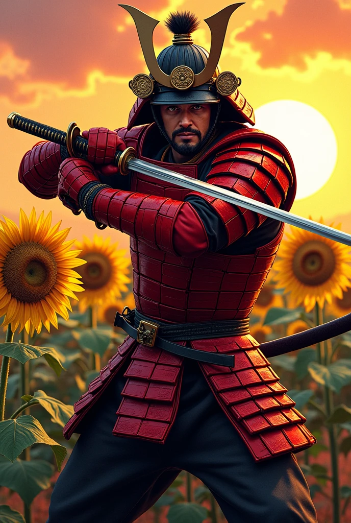 A male samurai in red samurai armor making an attack stance with his katana drawn in a field of sunflowers at sunset drawn in comic book style 