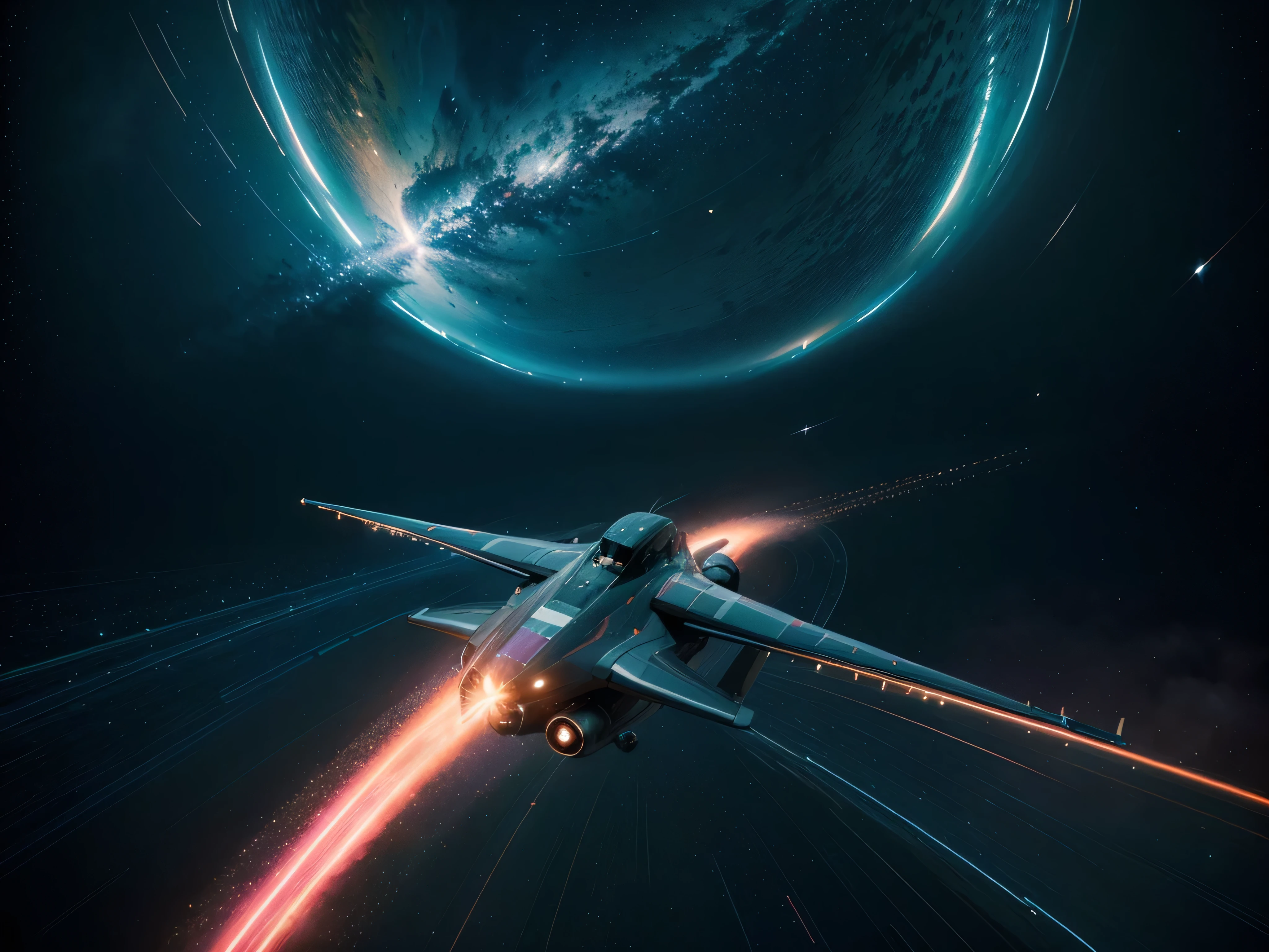 In a dazzling, futuristic depiction, a luminous spaceship races through the cosmos on a track made of swirling stardust. The main subject of the painting is a sleek, aerodynamic vessel adorned with glowing neon accents, navigating through a vibrant galaxy filled with sparkling celestial bodies. This watercolor masterpiece captures the exhilarating intensity of an interstellar racing competition, showcasing a dynamic blend of speed and elegance. The image is rich in detail, with every brushstroke conveying a sense of kinetic energy and otherworldly beauty. The colors are vivid and harmonious, creating an immersive visual experience that transports viewers to a realm of thrilling adventure and cosmic wonder.