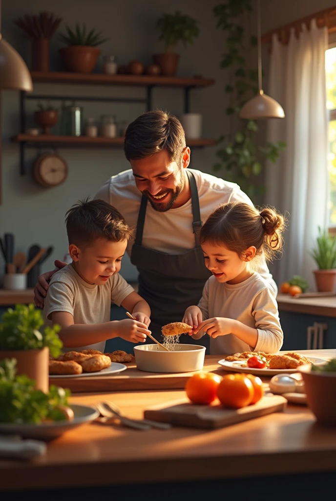 a father with his children cooking very realistic
