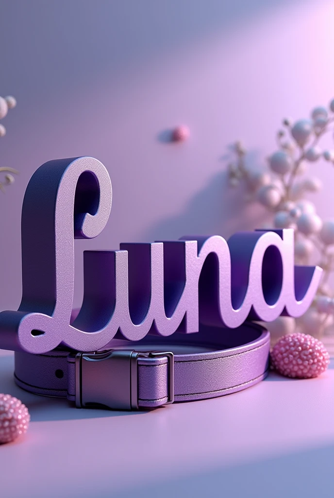 Make an image of only nice artistic 3D letters that only says: “Luna” that is not in cursive letters and that is in Spanish (It&#39;s for my pet&#39;s collar) with purple and other matching colors 