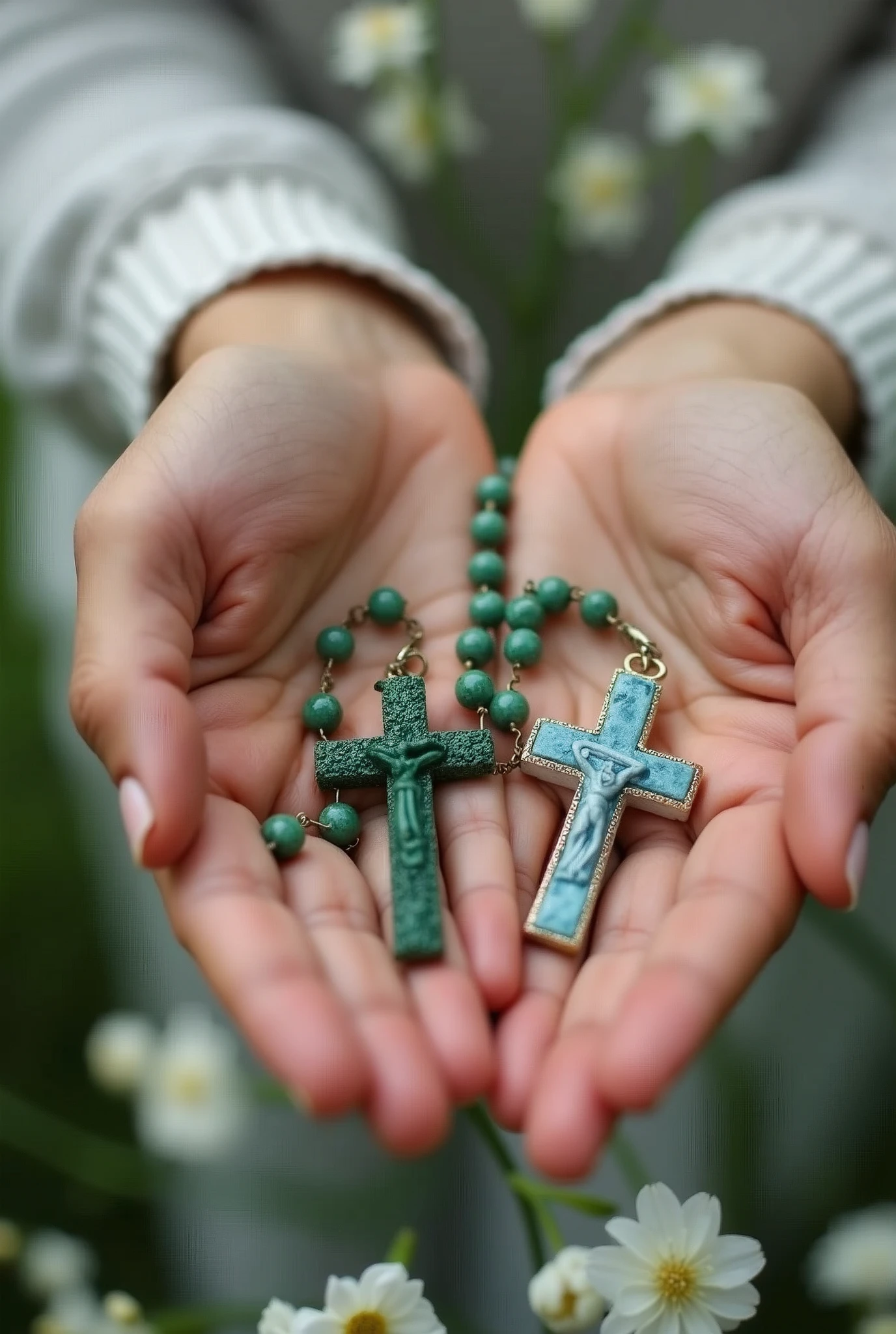 Hands of a Latin woman in her 40s showing two Catholic rosaries, One of green stones and another of light blue stones. Background should be white flowers